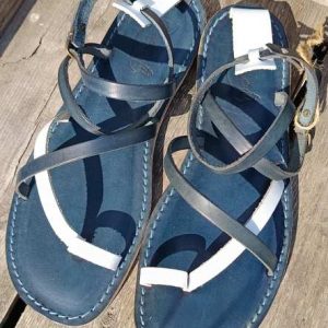 Zehentrenner Sandale Pietrasanta- handgefertigt aus Leder, Gr. 41 blau weiß | Musterpaar
