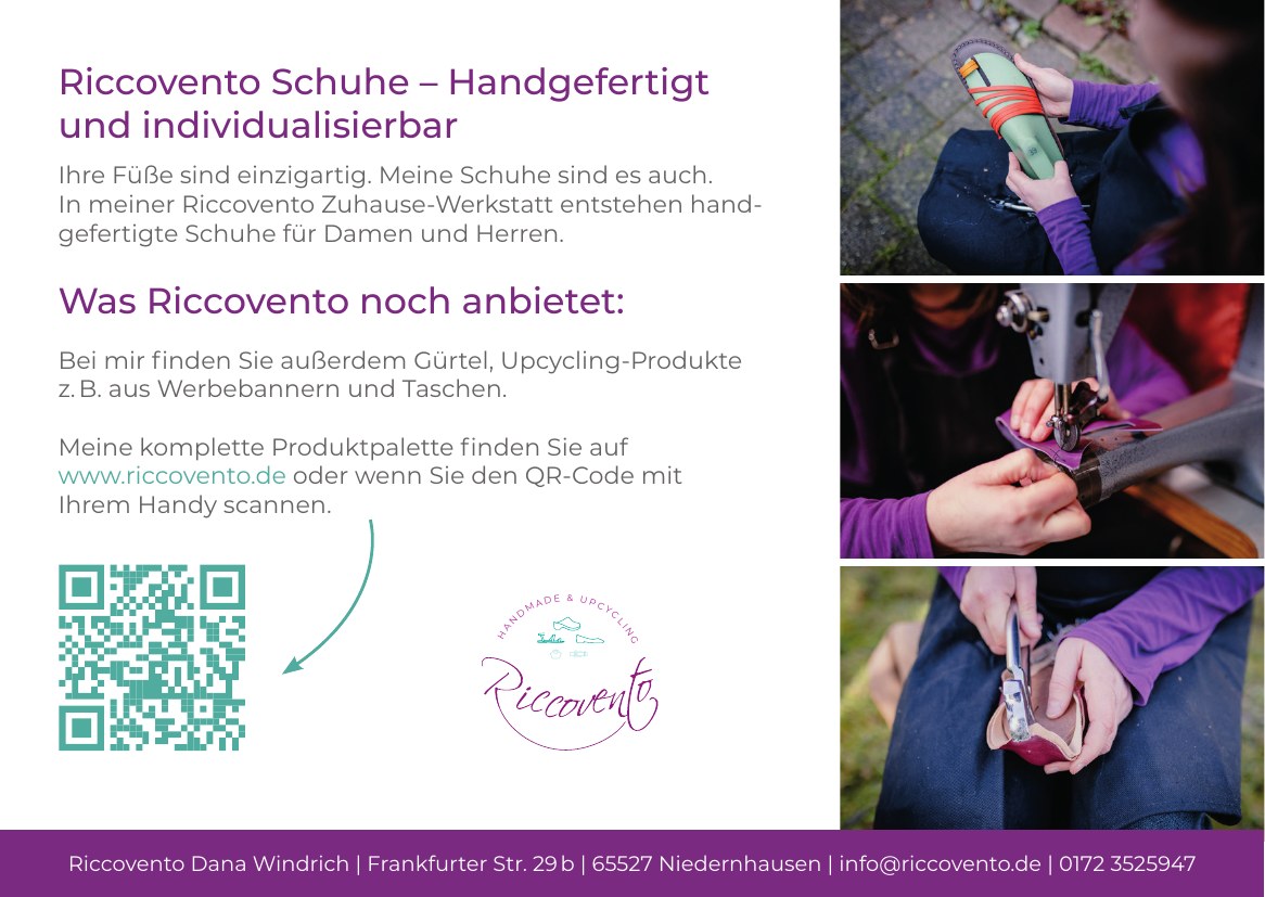 Riccovento Gutscheinkarte, Rückseite mit Informationen zu handgefertigten Schuhen, Gürteln und Taschen