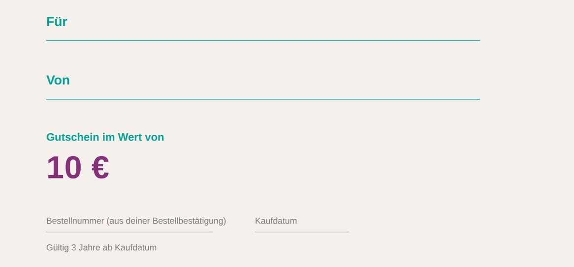 Riccovento Sofort-Download Gutschein, Innenseite mit Feldern für Name, Wert und Bestellnummer